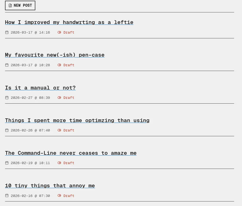 A screenshot of the lists of drafts in my blog's back-end
